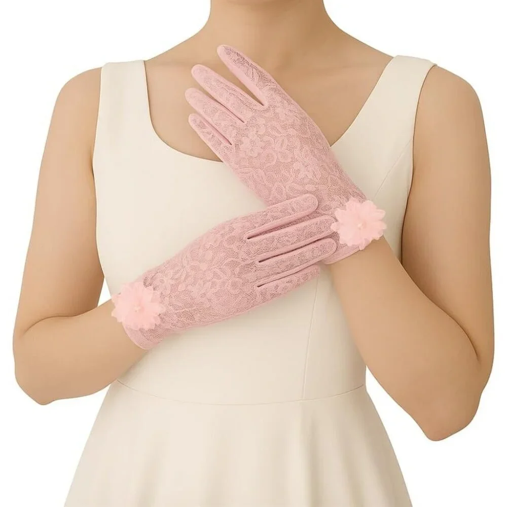 Women's Embroidery Light Pink Short Lace Wrist Gloves Design Party Accessories